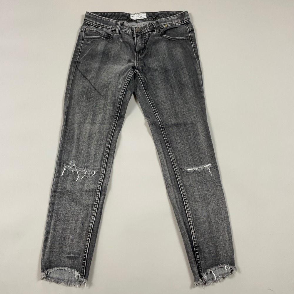 Free People Washed Black Distressed Skinny Jeans Raw Hem Frayed Denim W 26